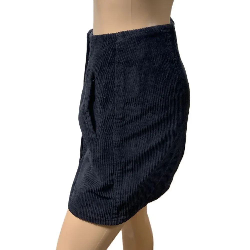 YMI Jeans Black Corduroy Button Up Mini A Line Skirt Size 1/25 Preppy Academia‎